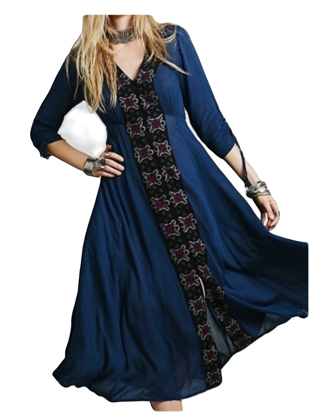 Free People Journey To Horizon maxi embroidered  v neck dark blue dress modest 6 - Picture 2 of 13